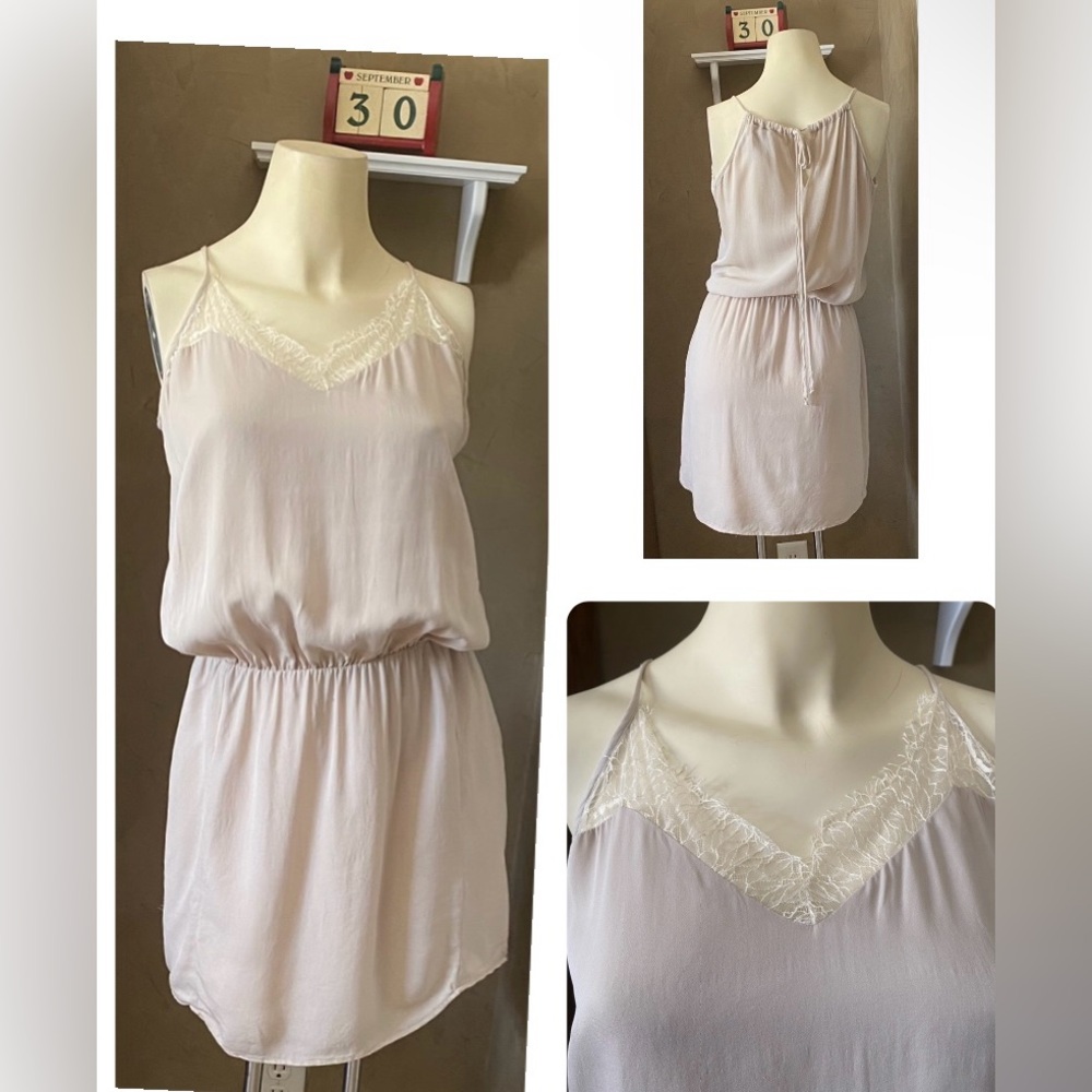 Mason by Michelle Woman’s Silk Lace Trim V Neck Spaghetti Strap mini Dress Beige